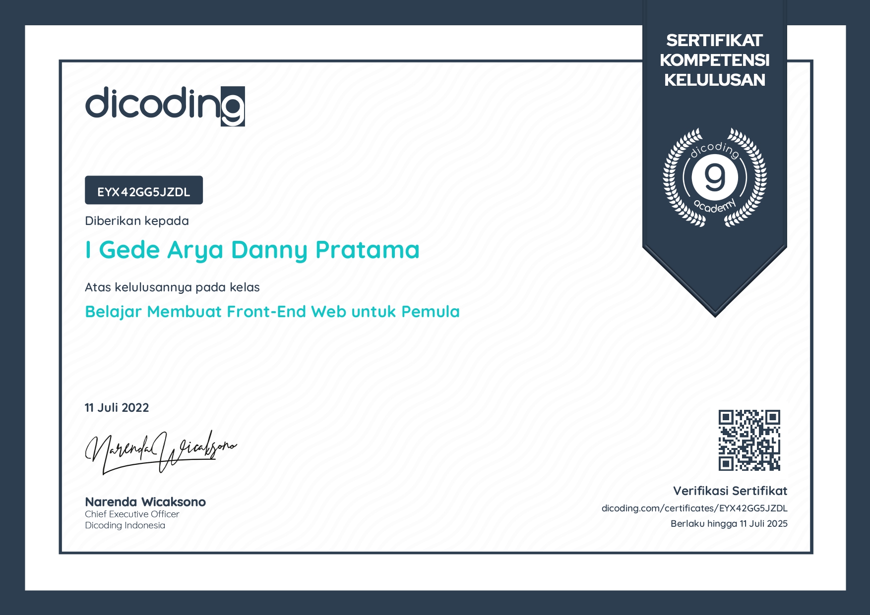 Dicoding Frontend Developer Certificate